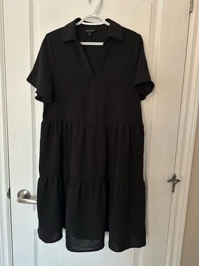 NWOT Tahari Black Flowy Tiered Mini Dress Oversized Short Sleeve V Neck Sz Lg